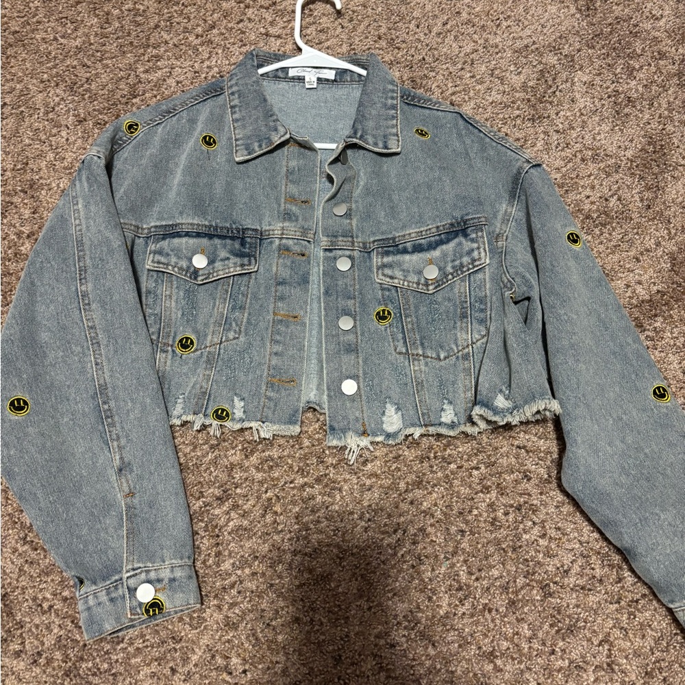 Denim Jean Jacket with Smiley Patches
